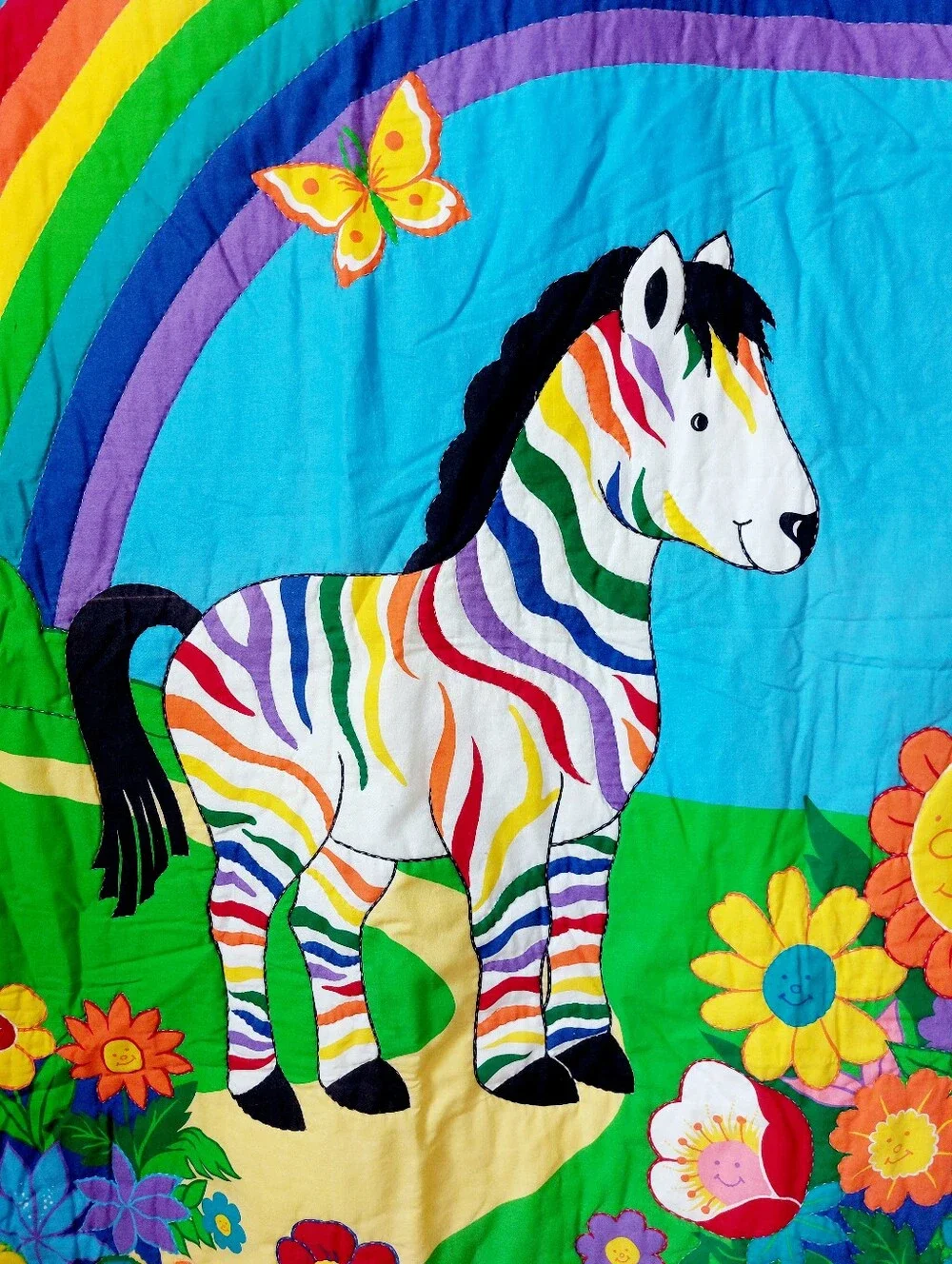 90s Rainbow Zebra Baby Quilt Wallhang Cranston Print Works Excentric Psychedelic